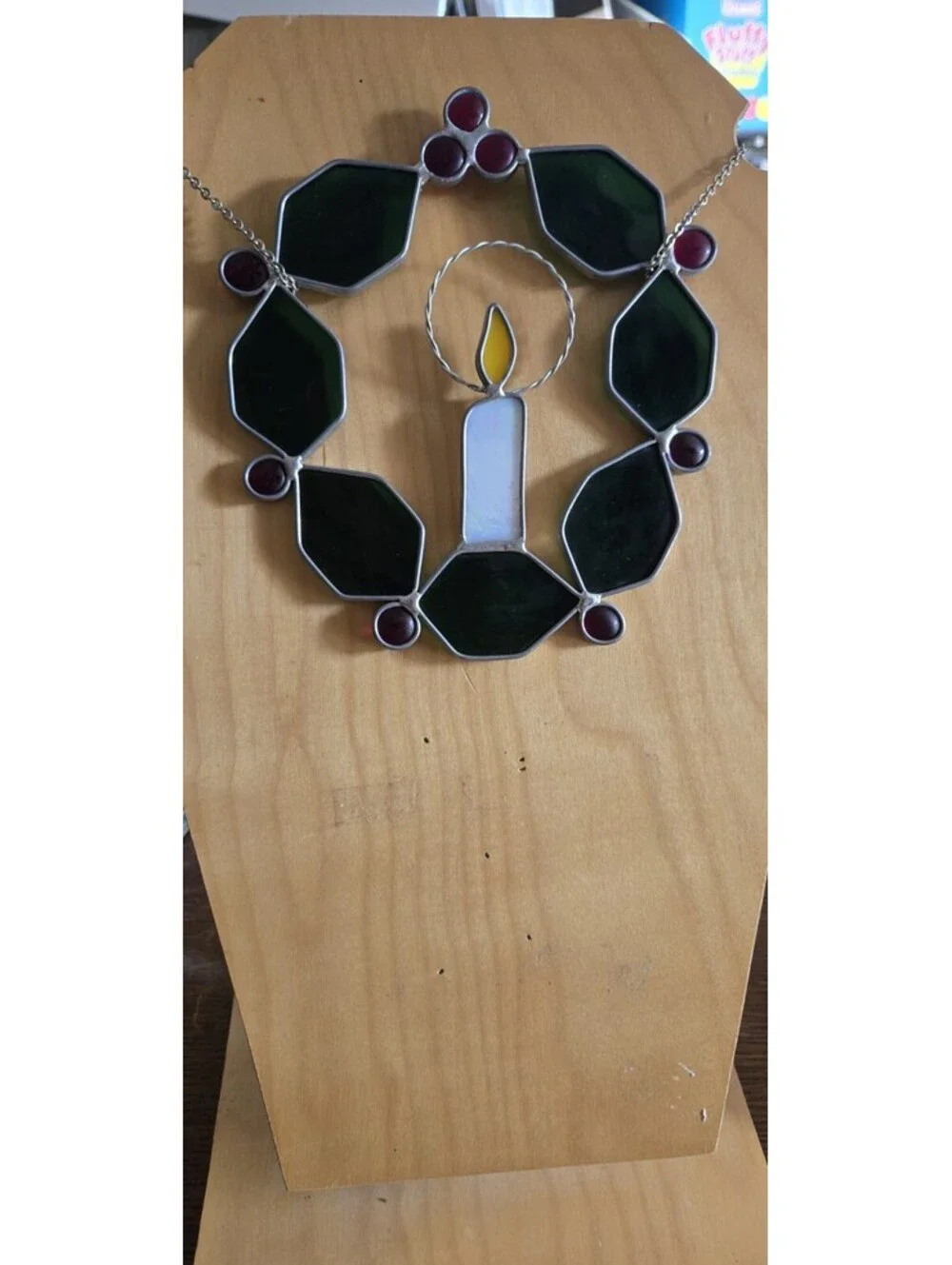 Vintage Stained Leaded Glass Christmas Holly Wreath & Candle Suncatcher 7X7